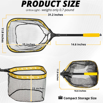 Floating Fishing Net, Collapsible Landing Net, Fish Net with Rubber Coated Polyethylene Netting for Bass, Trout, Fly Fishing, Kayak & Boat Fishing