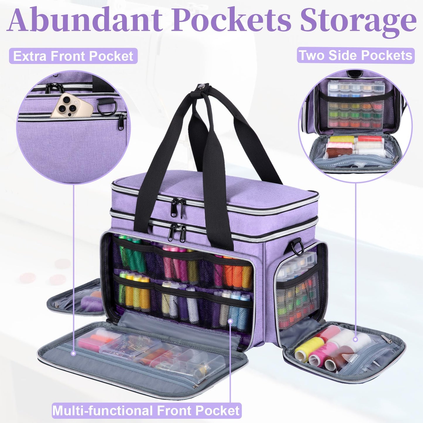 Anitor Large Sewing Supplies Organizer, Double Layer Sewing Storage Organizer with Two Detachable Dividers, Travel Sewing Bag Organizer with Shoulder Strap for Accessories, Pale Purple, (Bag Only)