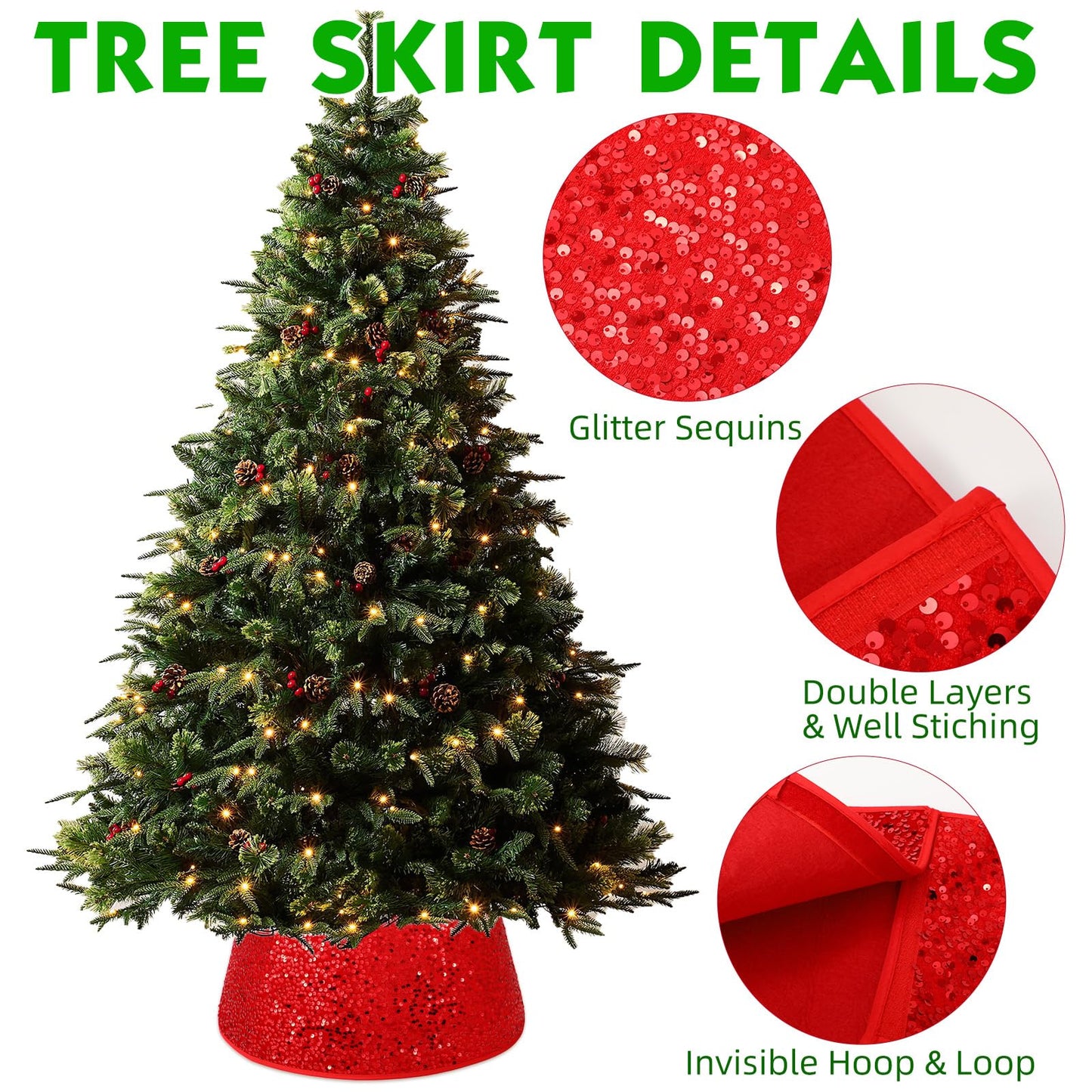 Christmas Tree Collar Burgundy Round Tree Skirt Tree Ring Sparkle Sequin for Christmas Holiday Thanksgiving Home Decor Red Gold