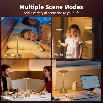 Gold Brushed LED Desk Lamp with Touch Control, 3 Color Modes, Dimmable, Built-in 5200mAh Battery, Eye-Friendly Flicker-Free Lighting, USB Type-C, Non-Slip Base