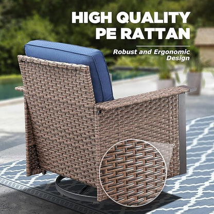 Outdoor Patio Furniture Set-9 Pieces All-Weather Wicker 3 Seater Sofa with Swivel Rocker Patio Chairs Set of 4, Wicker Outdoor Conversation Sets for Porch Deck Backyard Garden Brown/Blue