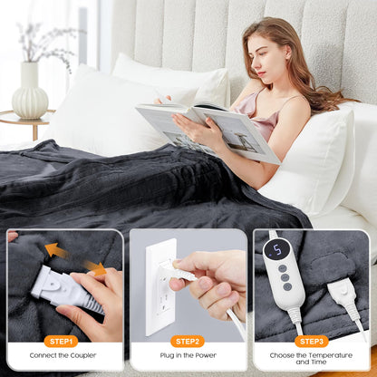 HYLEORY Heated Electric Blanket Throw, 2-Layer Cozy Warm Flannel 50" x 60", Heating Blanket with 9 Heating Levels, 2/4/6/10 Hours Auto Off, Fast Heating Winter Blanket, Dark Grey