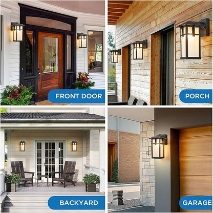 2 Pack Porch Lights Wall Mount Outdoor Wall Lantern Small Waterproof Aluminum with Frosted Glass Exterior Light Fixtures Asian Outdoor Sconces for Outside House Patio Garage Lighting, Black