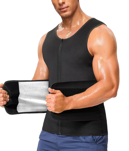 Junlan Sauna Suit for Men 2 in 1 Waist Trainer Sauna Shirt for Men Sweat Band for Stomach(Silver,Large)
