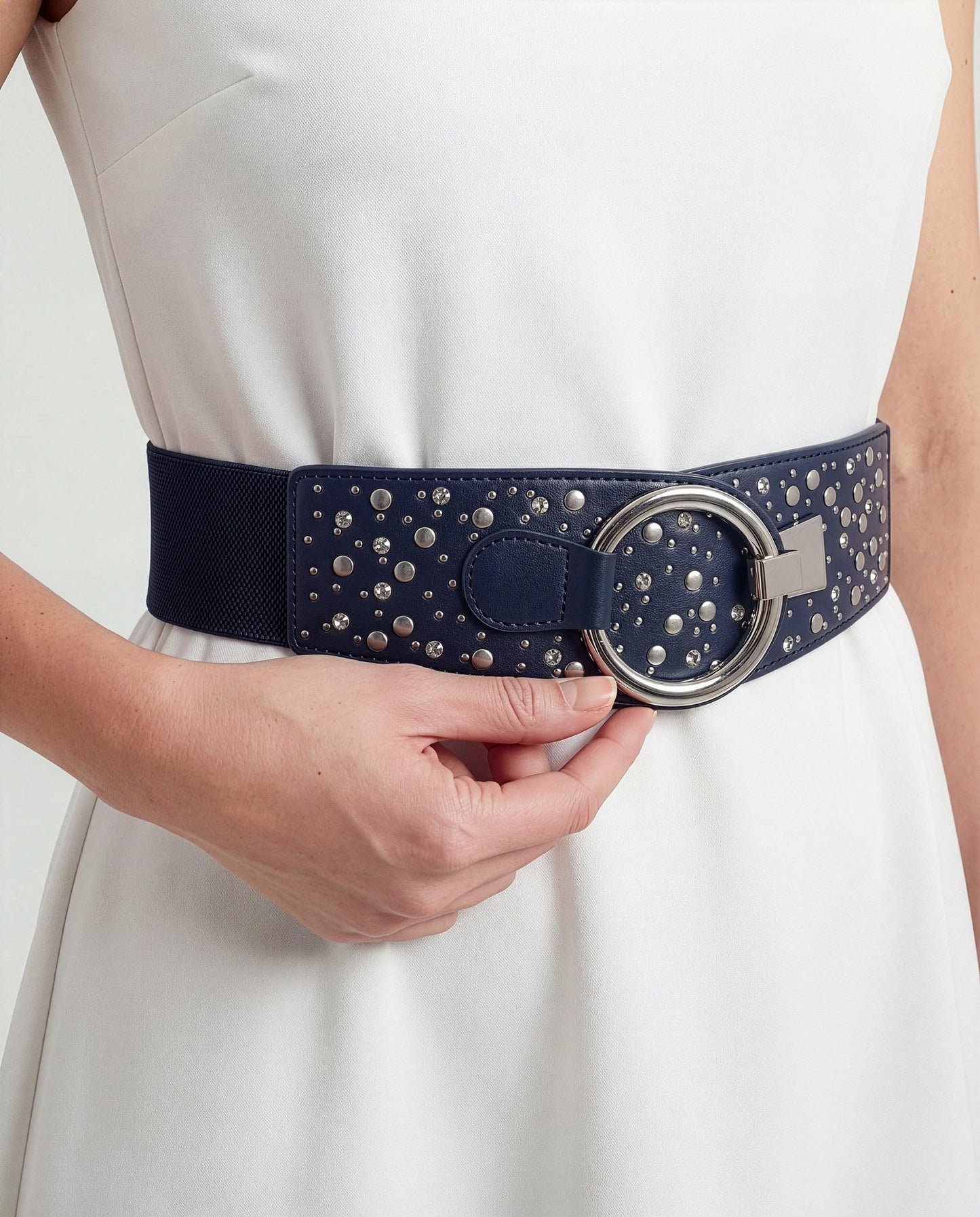 BlackButterfly Wide Elastic Stretch Retro Metal Interlock Buckle Belt (Midnight Blue, L)