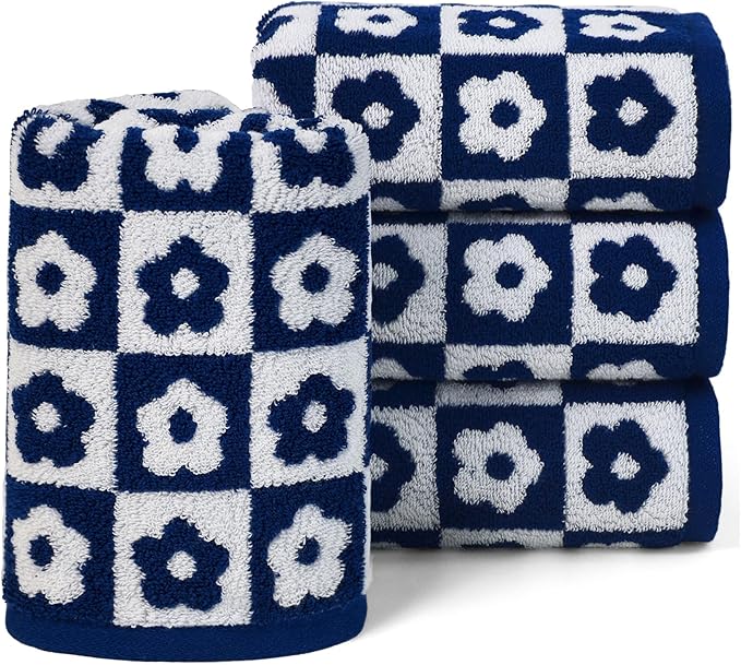Jacquotha Cotton Hand Towels Navy Checkered Floral