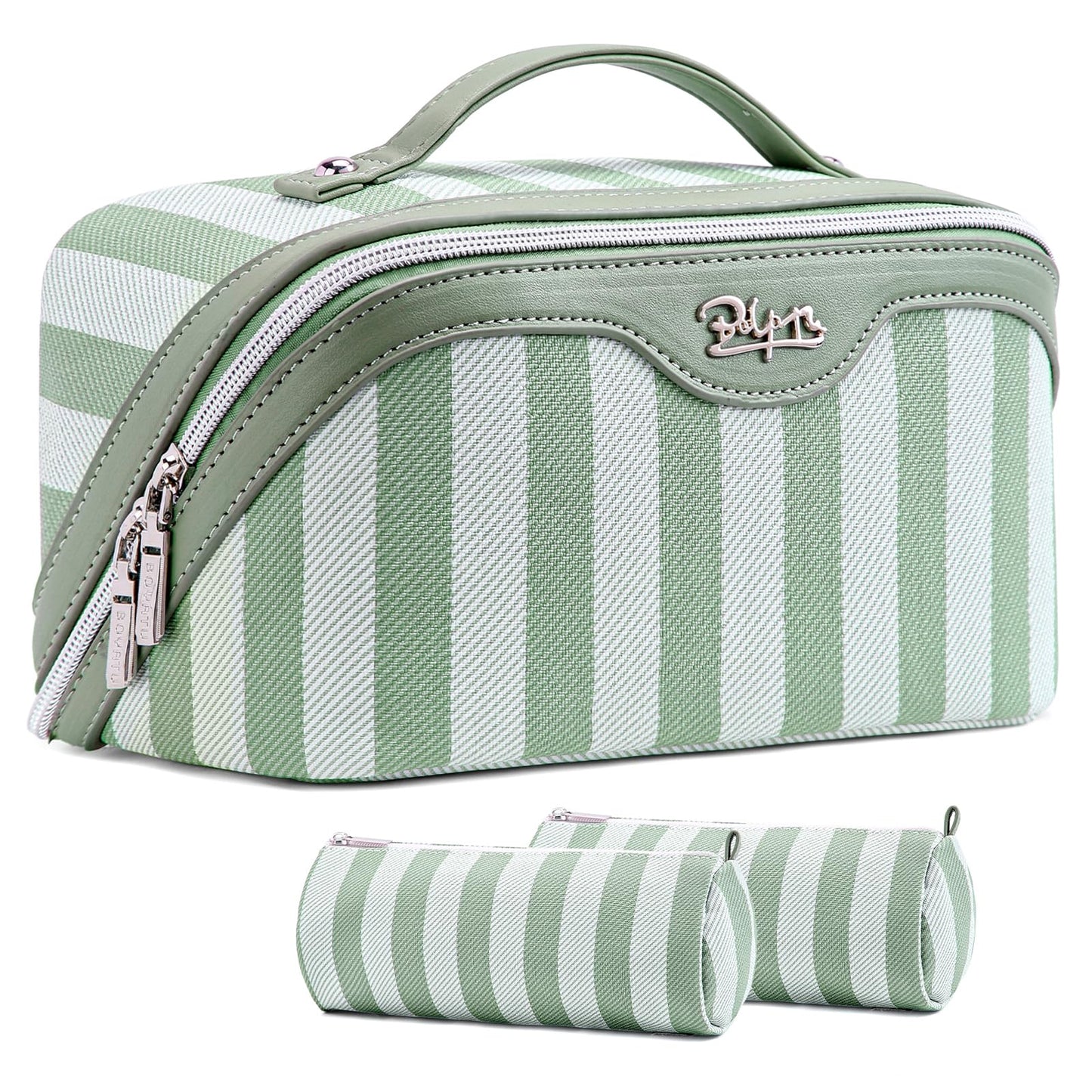 BOYATU Travel Makeup Bag Cosmetic Bag for Women: 3 Pcs Set Striped Make up Bag with Compartments - Waterproof Vegan Leather Toiletry Bag with Handle - Makeup Organizer for Travel Essentials(A-2-Green)