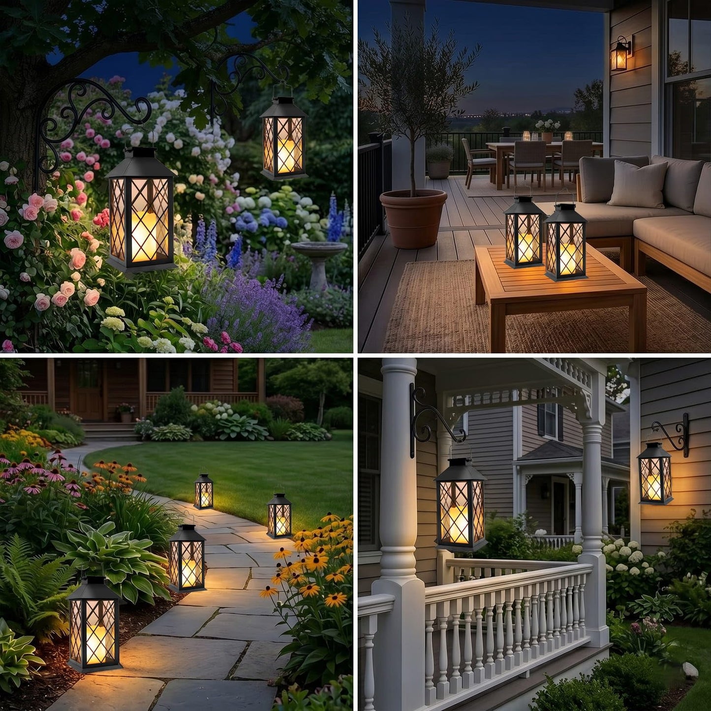 Yowin Solar Lanterns Outdoor Waterproof, 2 Pack Hanging Solar Lanterns with Flickering Candle, Tempered Glass Solar Lamp Outdoor for Garden Wall Table Patio Yard Fence, Housewarming Gift - Black