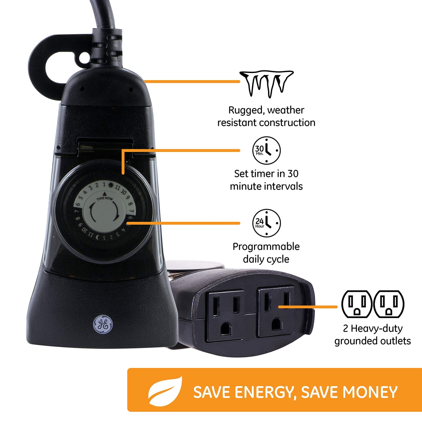 GE 24-Hour Heavy-Duty Outdoor Mechanical Timer, 2 Grounded Outlet Timer, Programmable Daily Cycle, 30-Minute Interval Outdoor Timer, Weather Resistant, Outdoor Light Timer, Black, 1 Pack, 15138