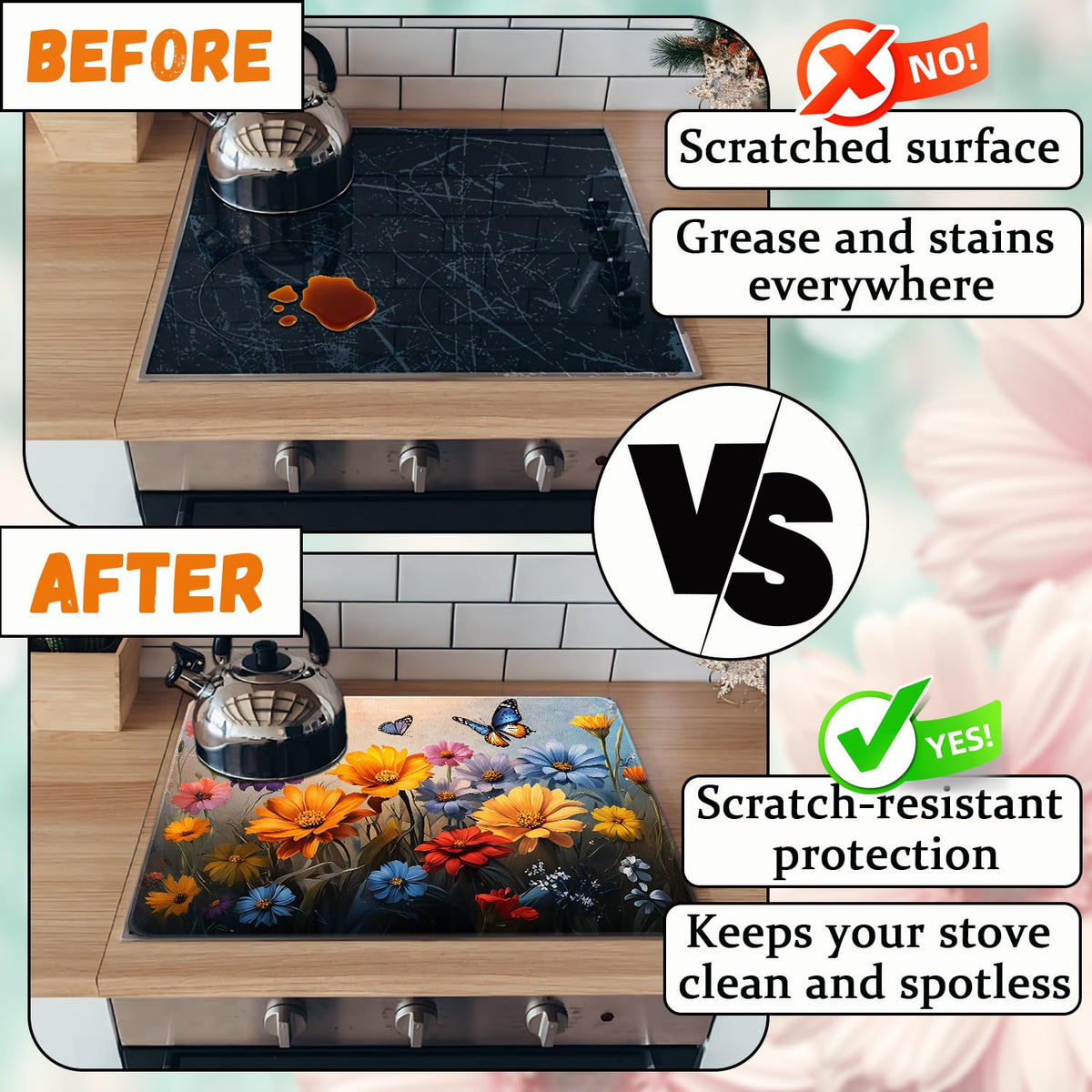 Floral Stove Top Cover for Electric Stove, Flower Range Covers, Butterfly Range Top Mat, Winter Holiday Cooktop Cover 28x20 inch, Glass Cooktop Covers for Kitchen Home Decor, Reusable Cover