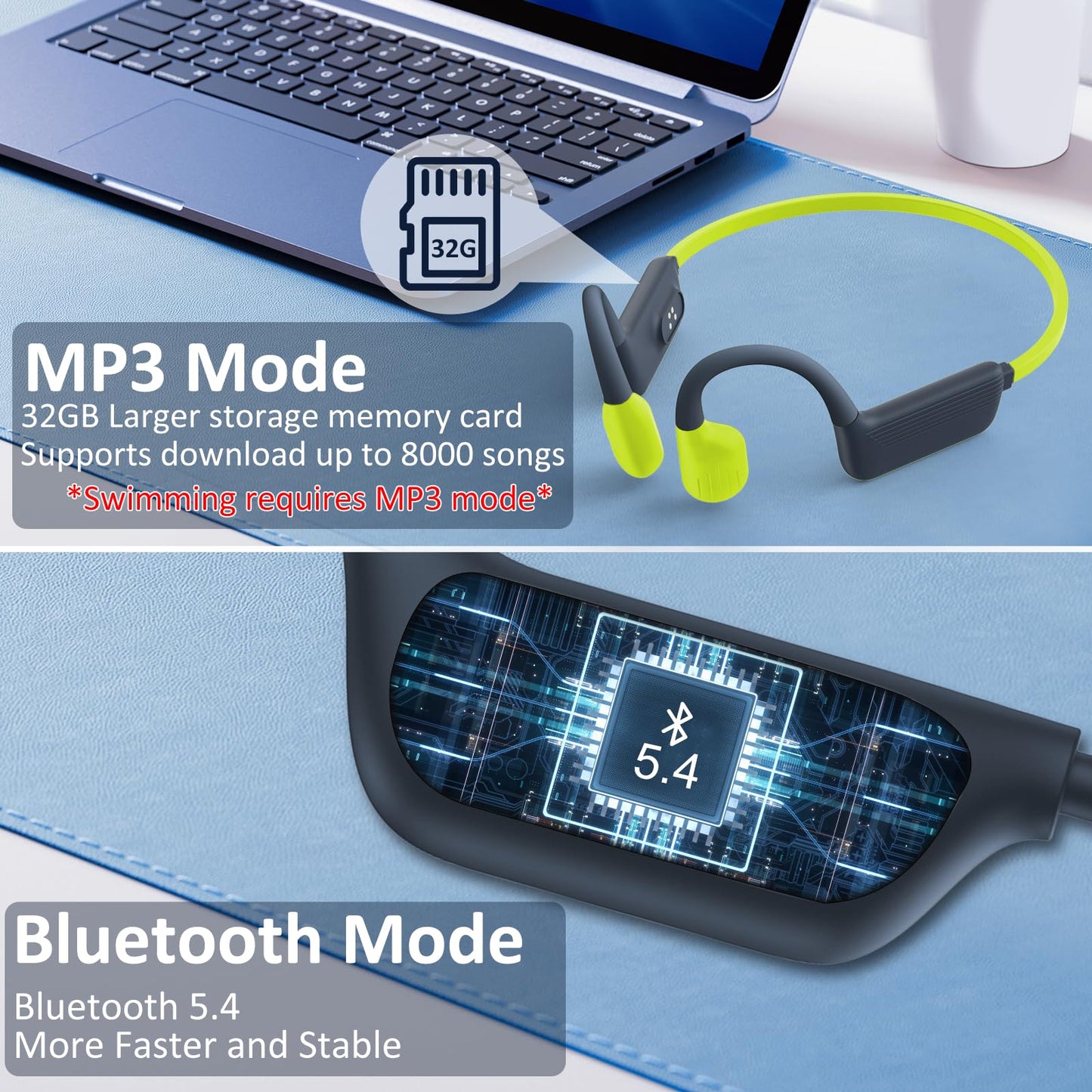 MARLALL Swimming Headphones-Bone Conduction Headphones, IP68 Waterproof Open Earphones, LiteSurge Bluetooth 5.4 Underwater Sport Earbuds with 32 GB MP3 Memory for Swimming, Marathon-Lime Green