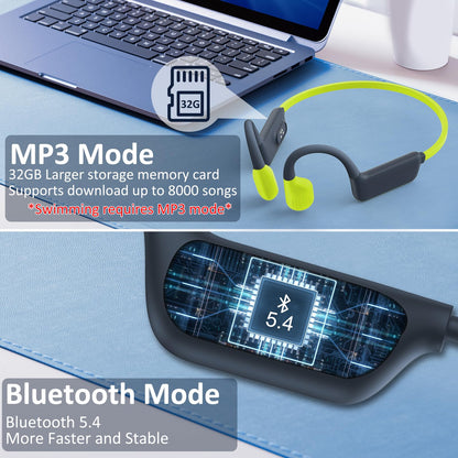 MARLALL Swimming Headphones-Bone Conduction Headphones, IP68 Waterproof Open Earphones, LiteSurge Bluetooth 5.4 Underwater Sport Earbuds with 32 GB MP3 Memory for Swimming, Marathon-Lime Green