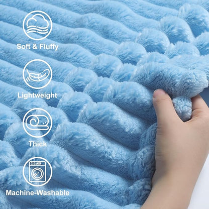 decorUhome Soft Fleece Blue Blanket Queen Size for Bed, Cozy Fluffy Plush Flannel Large Striped Throws for Couch Sofa, Lightweight Decorative Fuzzy Blanket for Woman, 90x90 Inches