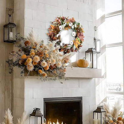 DN DECONATION 24“ Fall Wreaths for Front Door Decor, Autumn Harvest Wreaths for Porch Door Outdoor, Fall Wreath Decorations for Home Outside Thanksgiving, White Pumpkins Wreath