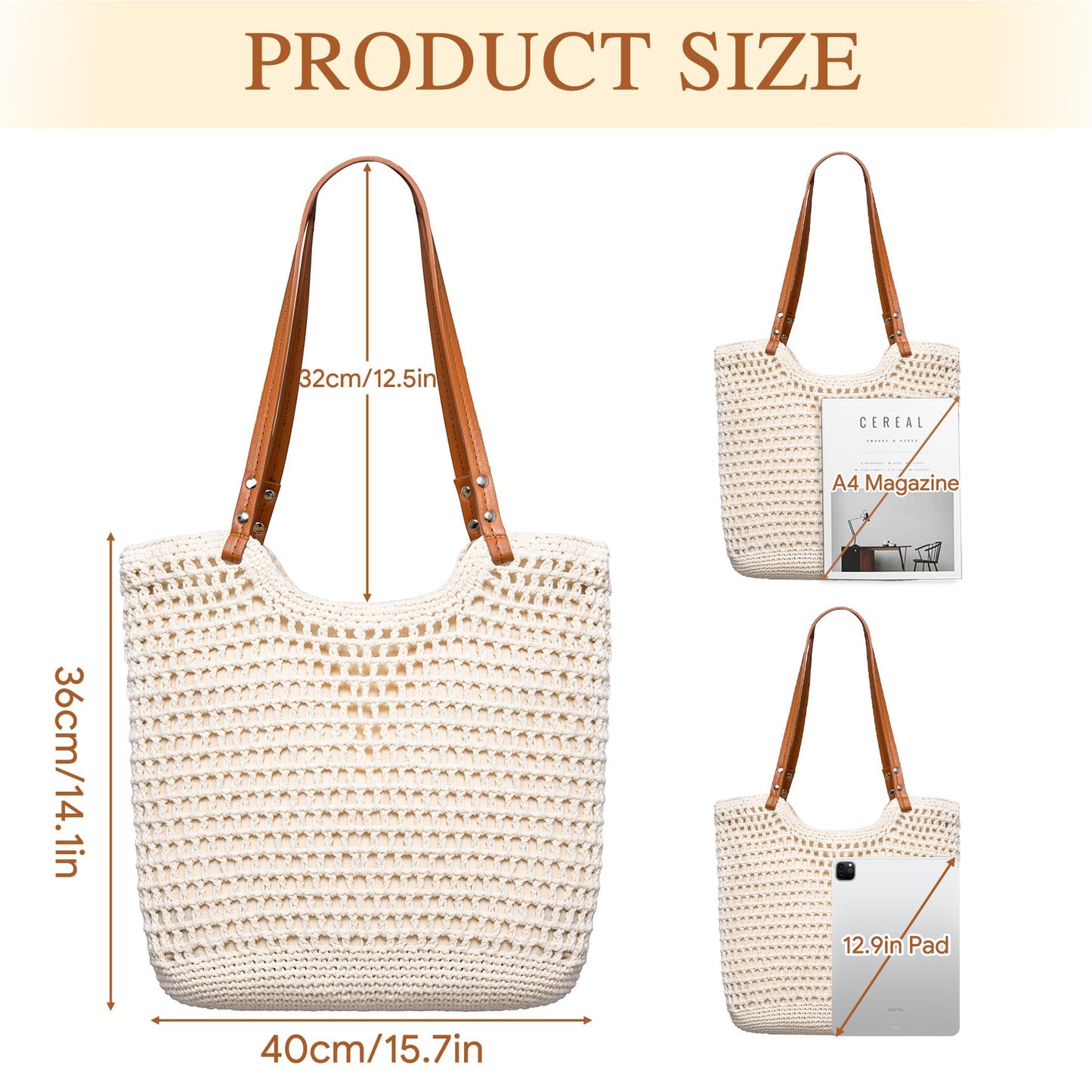 Toptime Crochet Beach Bags for Women, Woven Beach Tote Bag with Zipper & Leak-Proof Lining, Lightweight Boho Shoulder Bags with Leather Handle, Large Capacity Handbags for Summer Vacation Travel