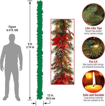 National Tree Company Pre-Lit Artificial Christmas Garland, Green, Evergreen, White Lights, Decorated With Plaid Bows, Berry Clusters, Pine Cones, Plug In, Christmas Collection, 9 Feet