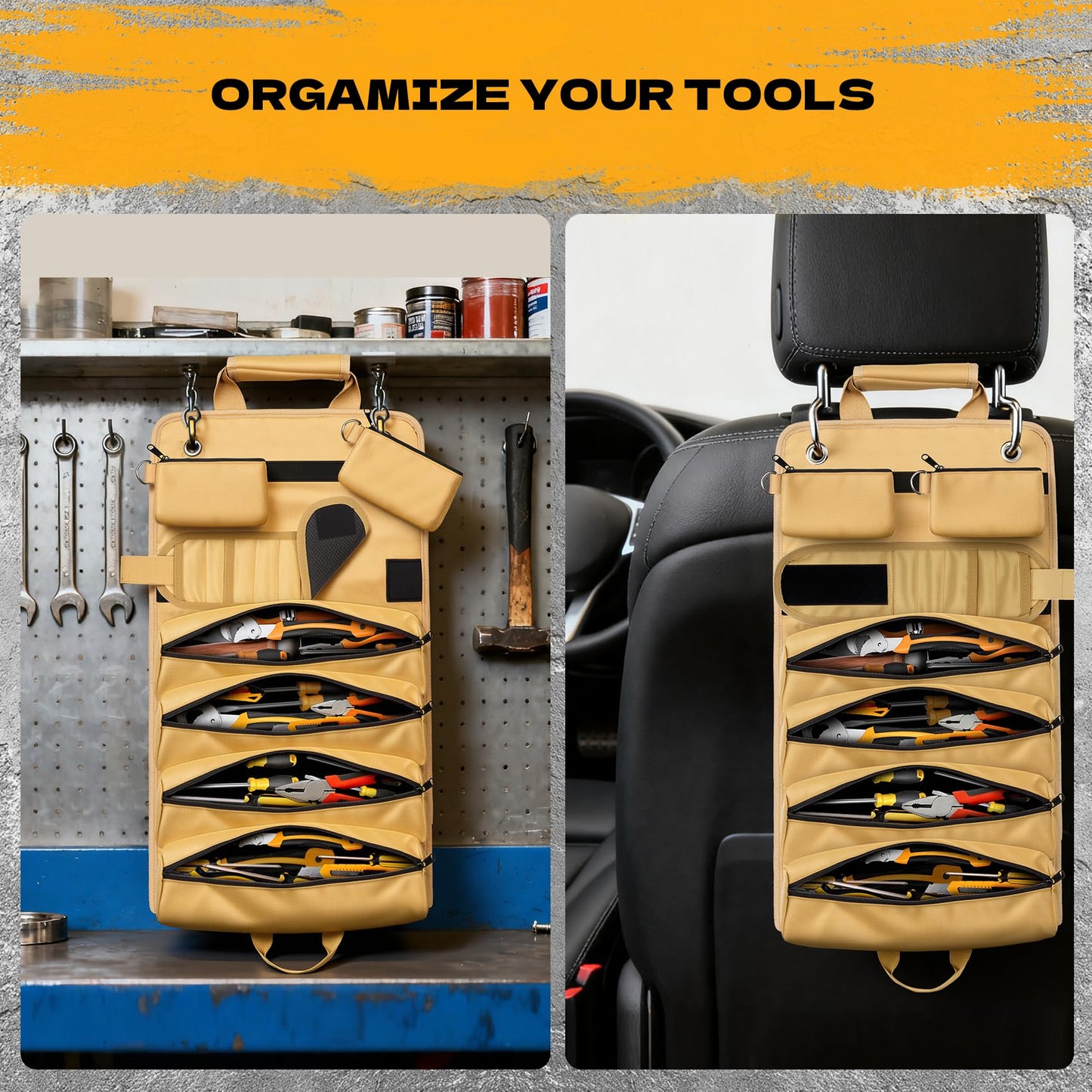 Tool Bag Roll Up Large Heavy Duty, Waterproof Oxford Fabric Tool Storage Organizer with Shoulder Strap Detachable Magnetic Wristband, Foldable Carrying Toolbag for Car Mechanic And Electrician(Khaki)