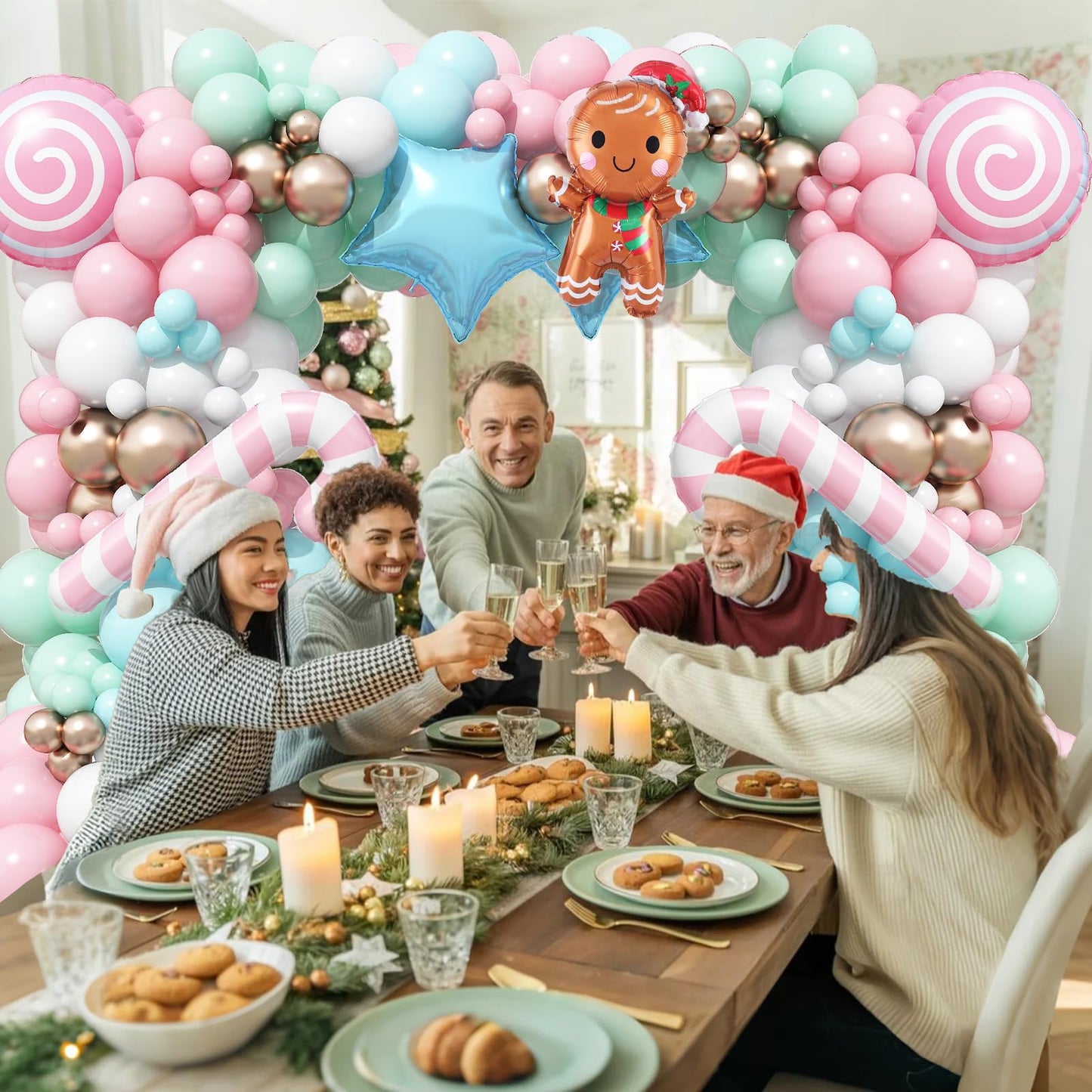 Christmas Balloon Garland Arch Kit, Nutcracker Balloon Pastel Pink Green Balloons Candy Cane Reindeer Peppermint Foil Balloons for Candyland Christmas Party Decorations Xmas Birthday Holiday Party