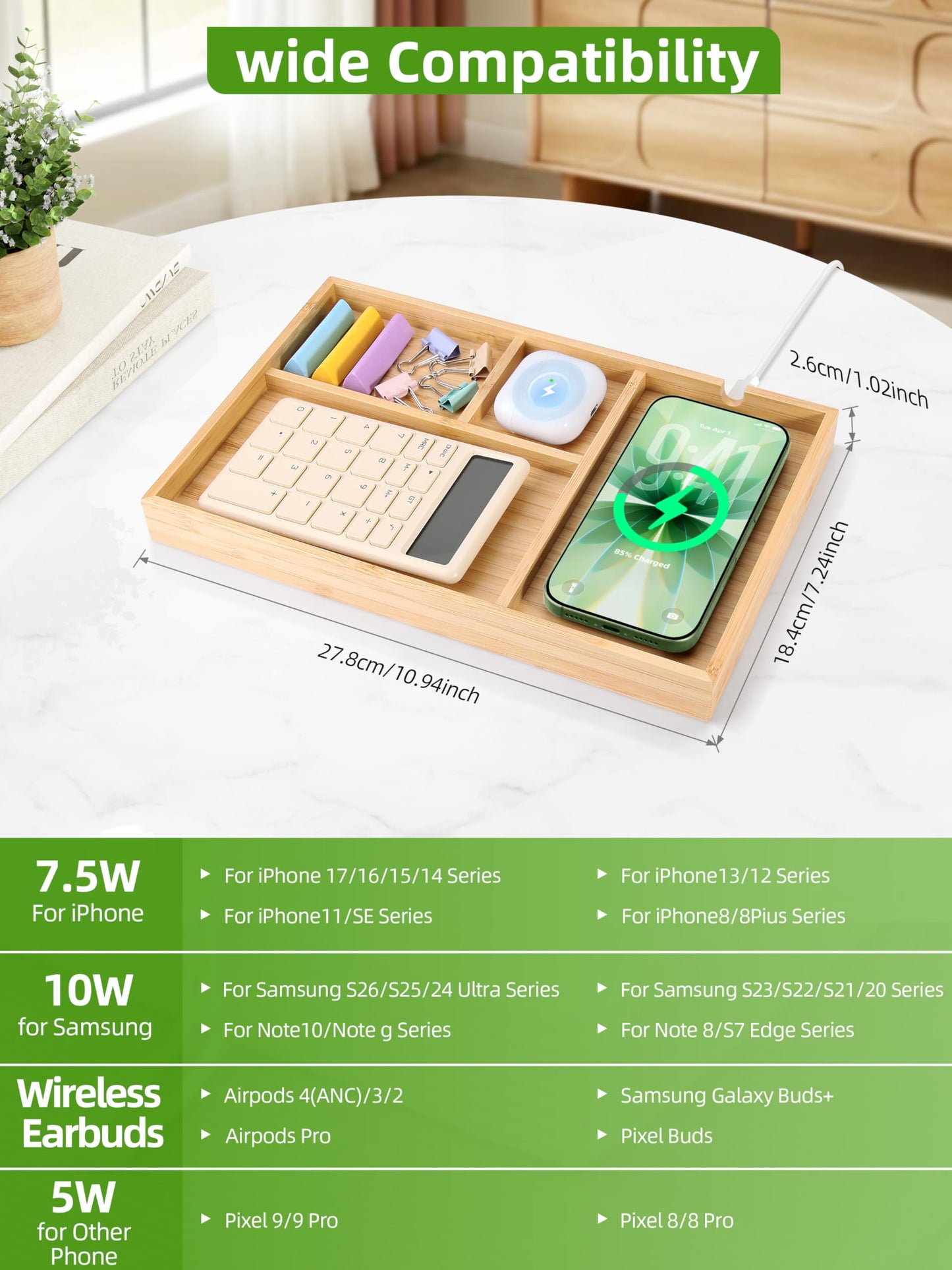 Bamboo Valet Tray with Dual Wireless Charger - EDC Nightstand Organizer for Men - Desk Tray & Catchall for Phone, Watch, Keys - Aesthetic Desk Accessories & Father’s Day Gift for Men (Natural)
