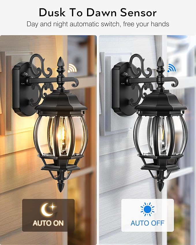 VIANIS Exterior Lighting Fixtures for House, Black Dusk to Dawn Front Porch Light Wall Mount with Tempered Bevel Glass, 100% Aluminum Waterproof Outdoor Wall Sconce Lantern for Garage Patio, Anti-Rust