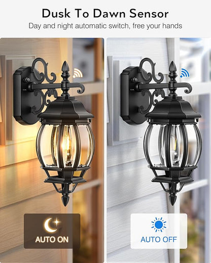 VIANIS Dusk to Dawn Outdoor Lighting Fixture for House, Black Exterior Wall Light Wall Mount Sconce with Tempered Glass, Modern Front Porch Light Lantern for Patio, Anti-Rust Coach Lights for Garage