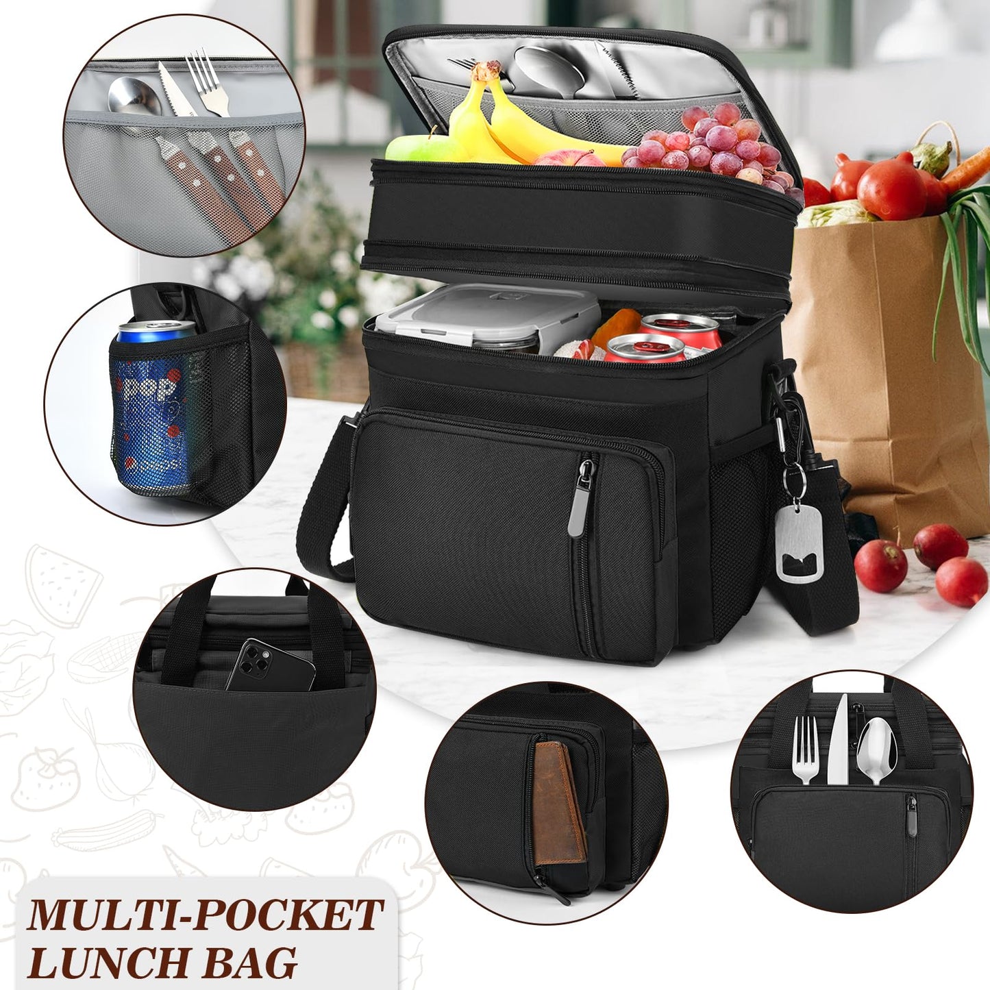 BAGNN Lunch Box & Lunch Bag for Men Women, Large Insulated Adult Lunch Box, Leakproof Cooler Lunchbox with Bottle Opener for Work Picnic Beach, 16L, Black