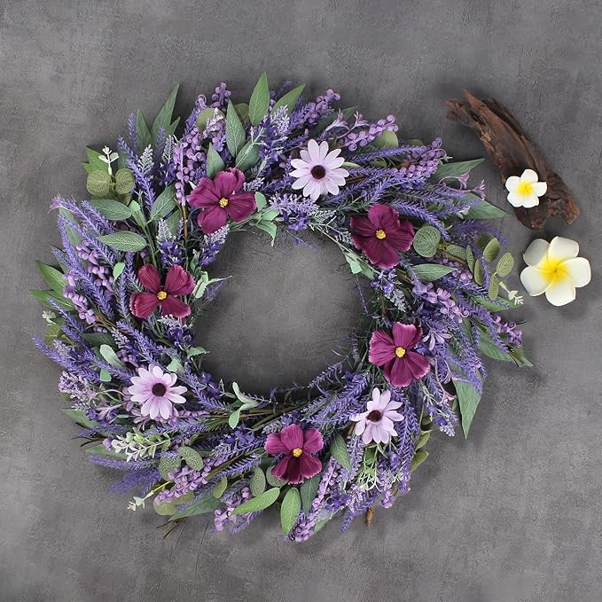 24" Lavender Wreath for Front Door - Artificial Floral Lush Summer Wreath with Adjustable Headband & DIY Decor for Wall, Home, Wedding, Party, Christmas (Purple)