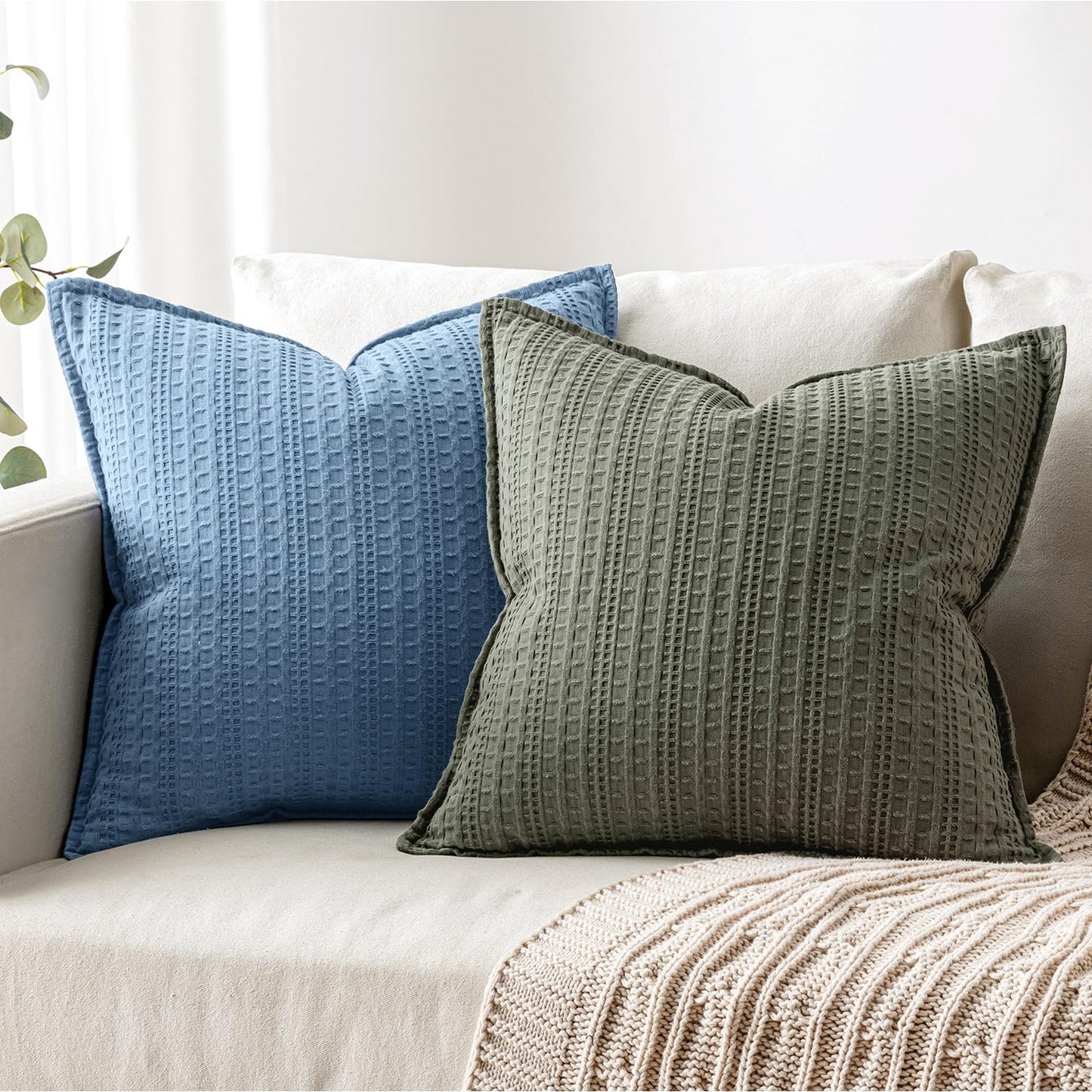 Woaboy Set of 2 Decorative 100% Cotton Waffle Throw Pillow Covers 18x18, Neutral Coastal Euro Shams Weave European Cushion Cases for Couch Sofa Bed Modern Farmhouse Home Decor, Blue