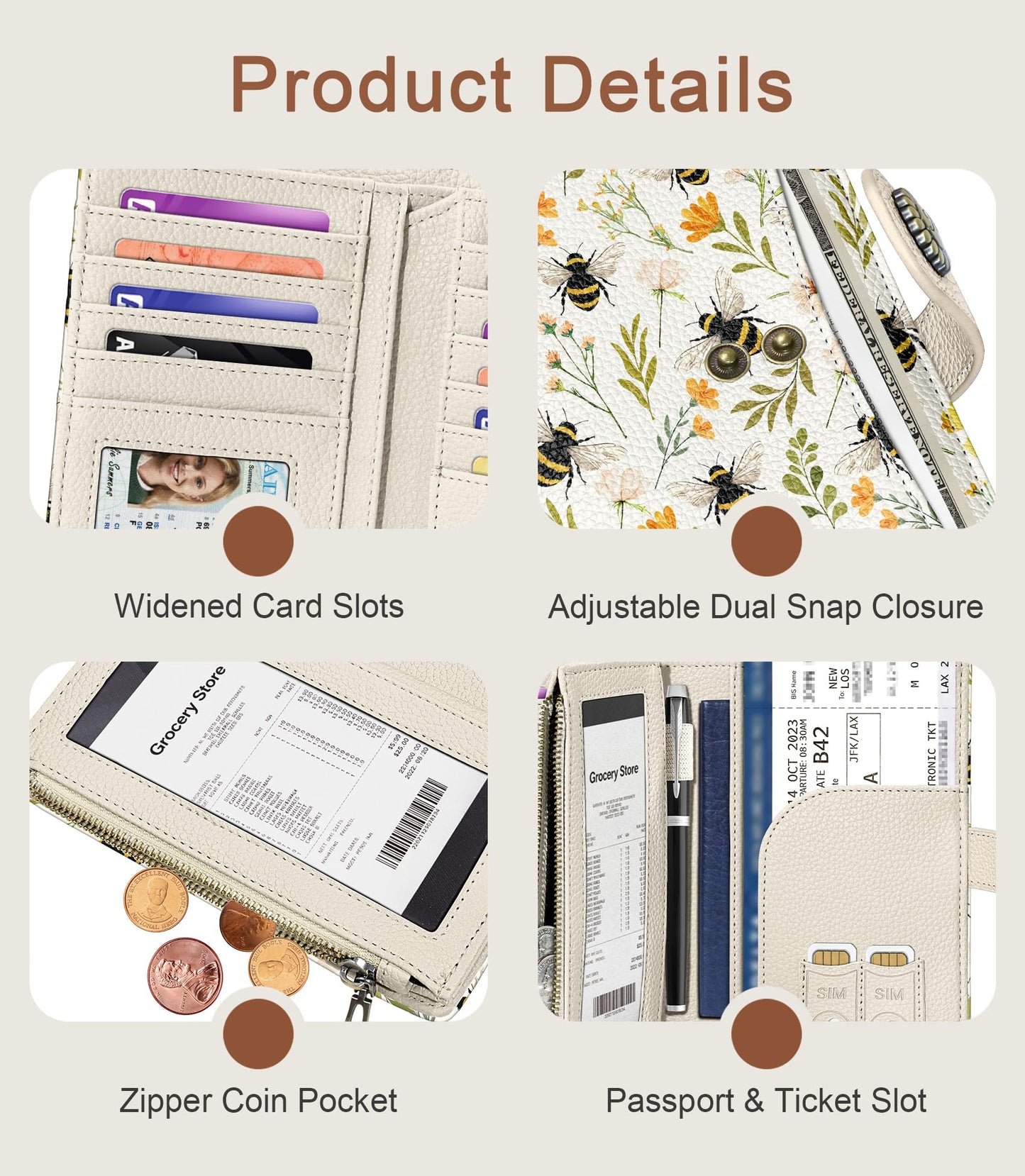 Flowers Bees Wallet Women RFID Blocking Bifold, Cute Passport Holder, Zipper Coin Pocket, Credit Card Holder, Travel billfold, PU Leather, Clutch, Cash Purse, Gift for Woman Ladies Female Girls