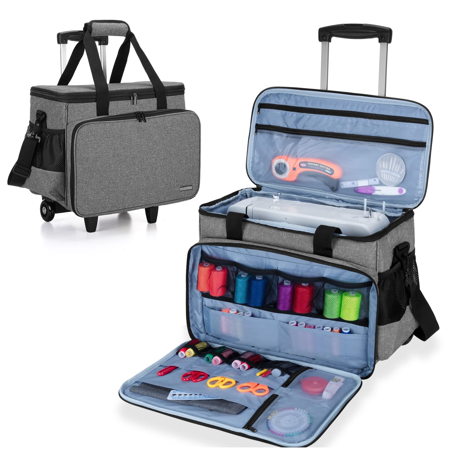 LUXJA Sewing Machine Case with Detachable Dolly and Removable Bottom Pad, Rolling Tote Fits Most Standard Machines, Gray