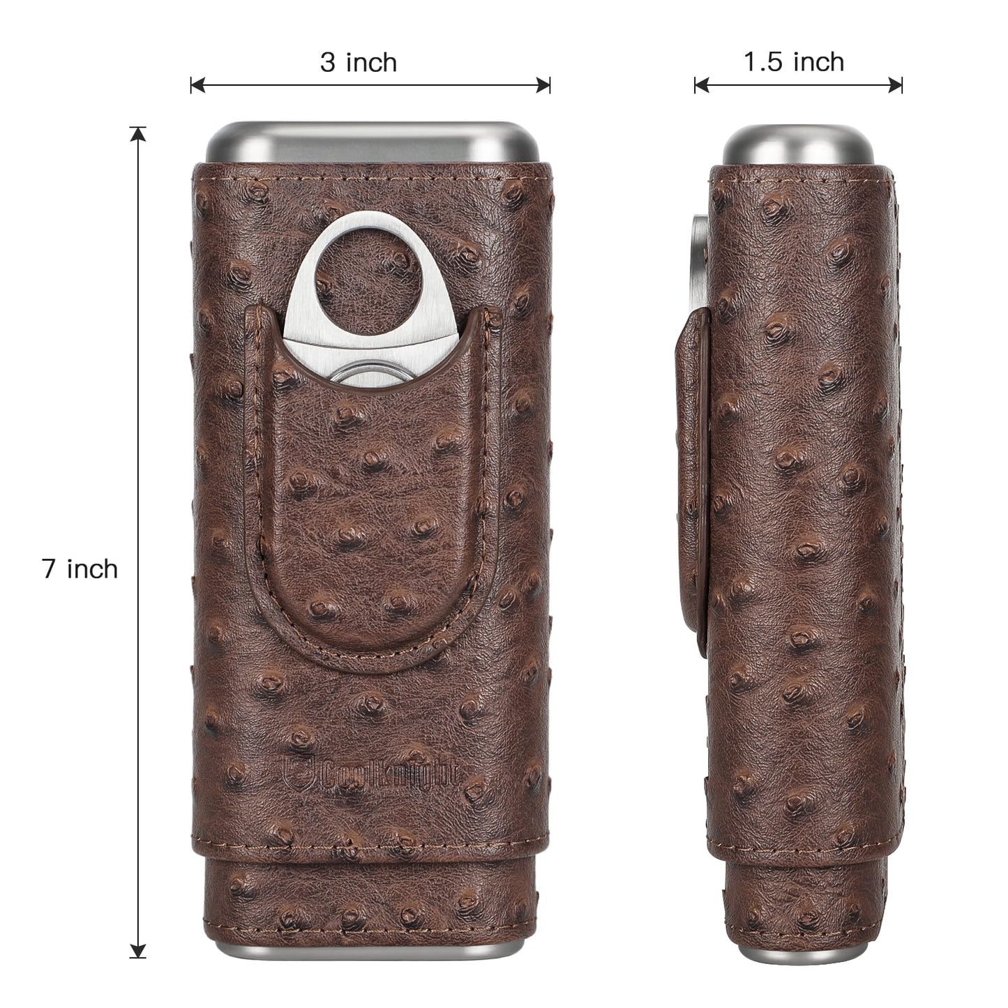 COOL KNIGHT Leather Cigar Case - Cedar Wood Lining Travel Humidors for Cigars - Cigar Accessories Include Stainless Steel Cigar Cutter - Cigar Gift Box for Cigar Lovers (Ostrich Texture)
