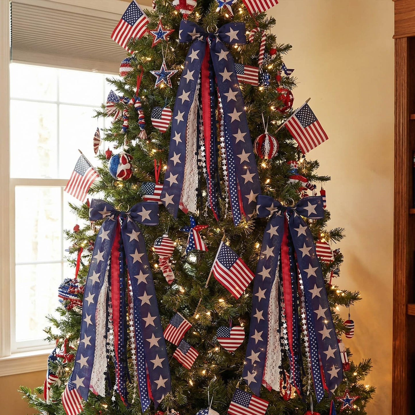 Kutyndrix Large Patriotic Front Door Wreath Sash, 8-Ribbon Americana Star Bow with Metal Clip, Wired Edge Red White Blue Decor for Independence Memorial Day
