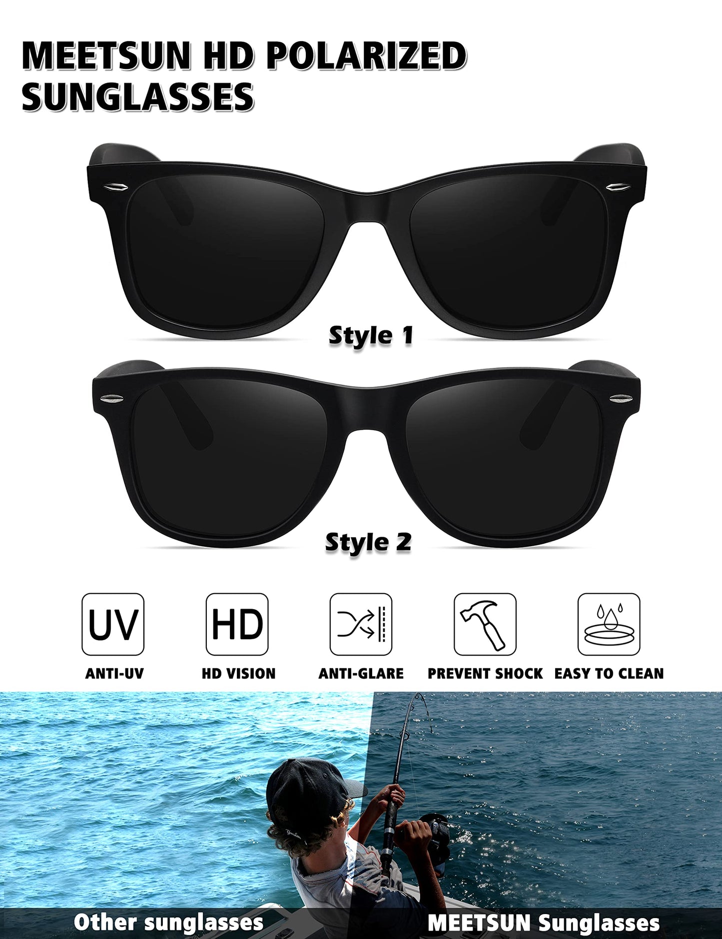 MEETSUN Polarized Sunglasses for Men Women Classic Retro Sun Glasses for Driving Fishing UV Protection 2 Pack C3 Matte Black Frame/Grey Lens