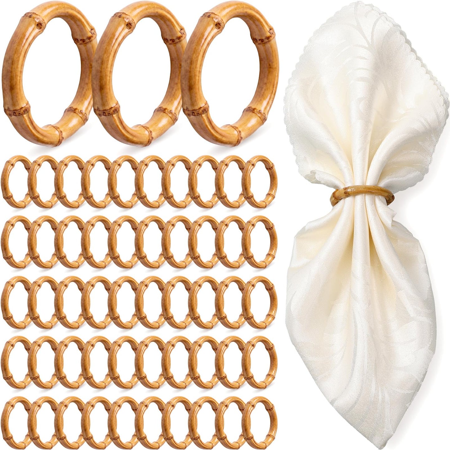 Thenshop 50 Pcs Decorative Bamboo Napkin Rings Bulk Exquisite Round Dining Table Napkin Holder Buckles for Elegant Dining Wedding Harvest Holiday Party Home Gift Mini Hanging Rings