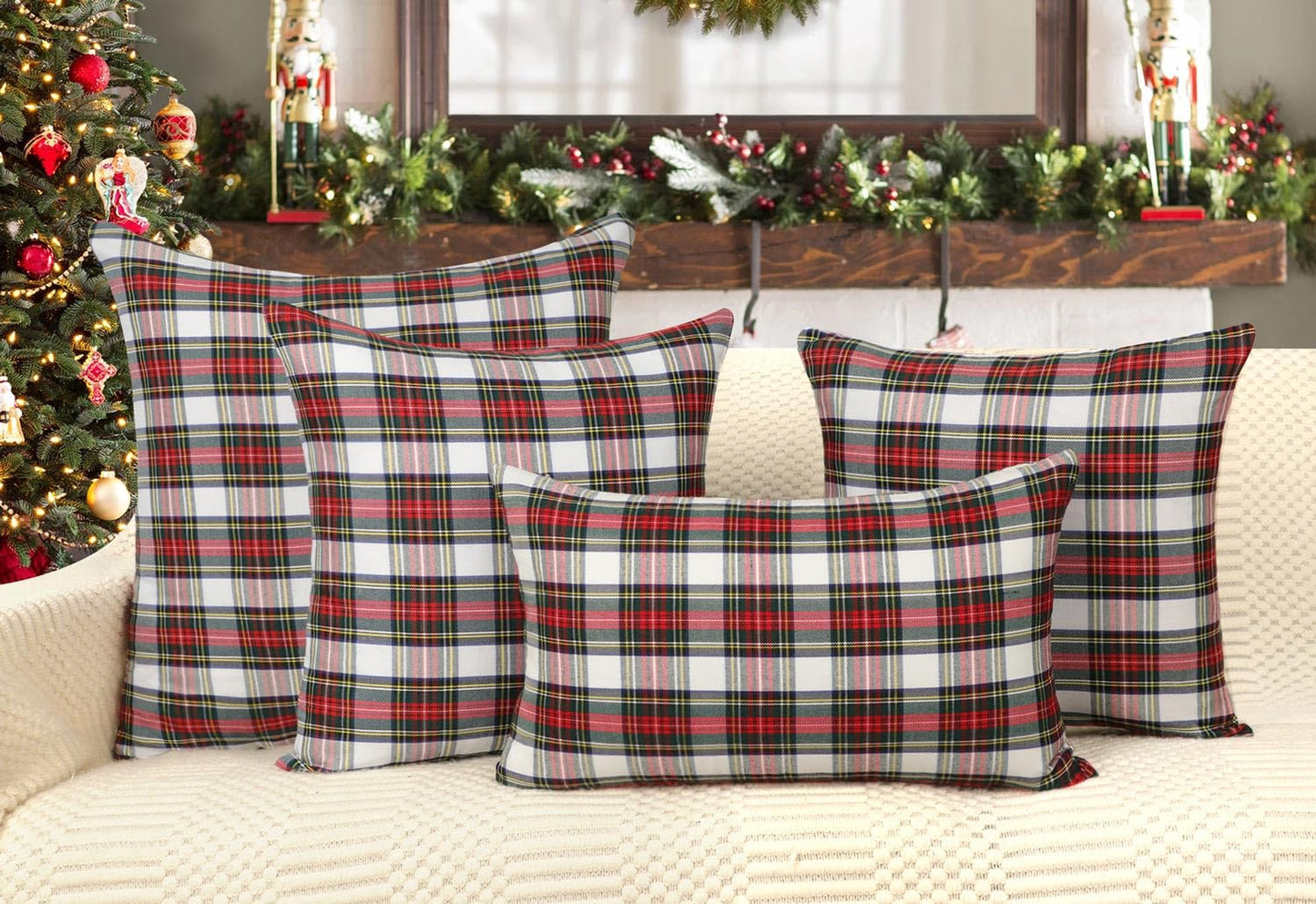 4TH Emotion Set of 2 Christmas Scottish Tartan Plaid Throw Pillow Covers Cushion Case Polyester for Farmhouse Home Decor Red and White, 18 x 18 Inches