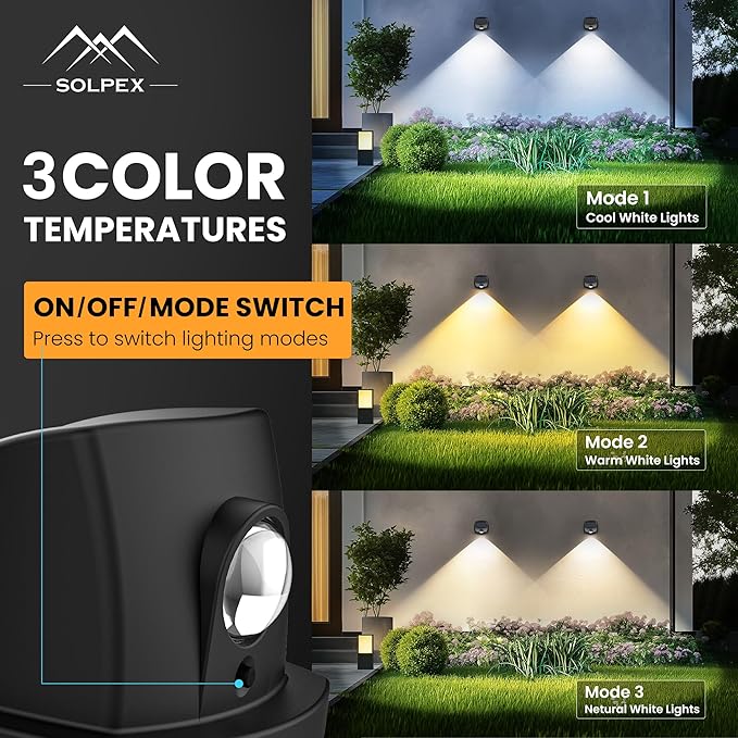 SOLPEX Solar Lights Outdoor Waterproof IP65, Solar Stair Lights Outdoor for Fence, Deck, Step, Dual Color LED 3 Lighting Modes House Wall Light for Porch, Backyard, Fence, Garden Decor-8 Pack