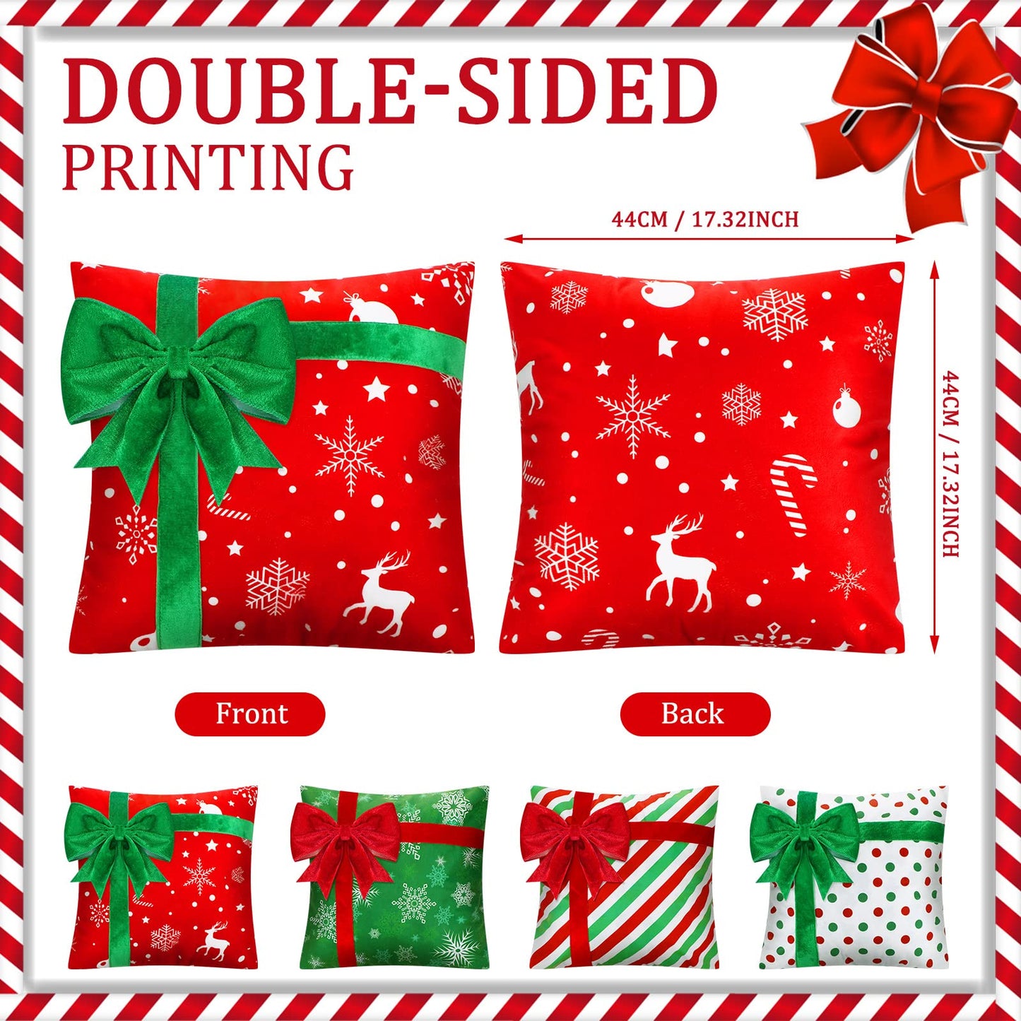 Kingdder Christmas Pillow Covers 18 x 18 Inch Set of 4 Farmhouse Xmas Throw Pillow Cases Gift Box Style Red Green White Snowflake Bow Decoration for Couch Holiday Sofa Cushion Decor