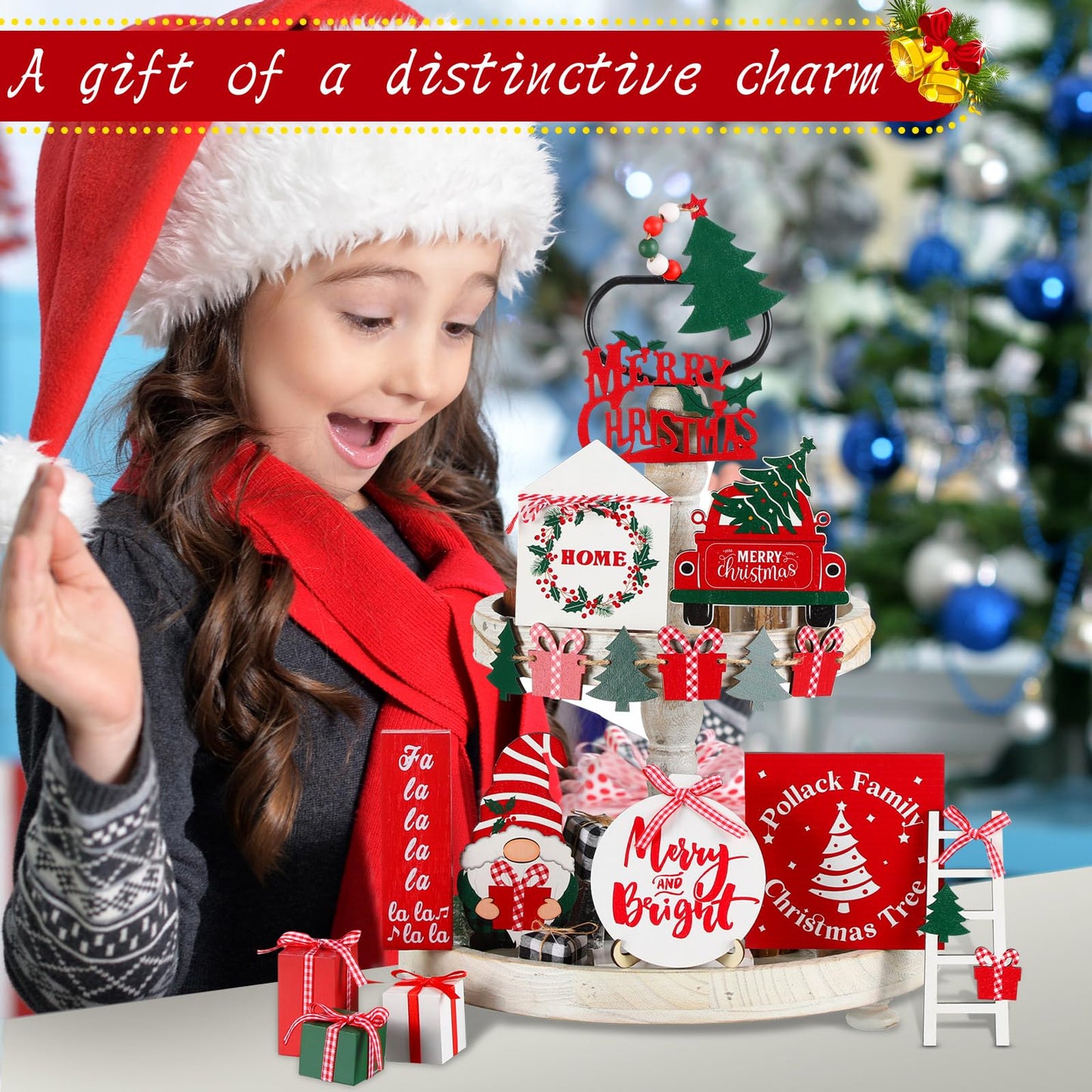 18 Pcs Christmas Tiered Tray Decor Gnome Santa Wood Sign Xmas Tree Table Centerpiece Farmhouse Rustic Table Decor for Winter New Year Home Tabletop