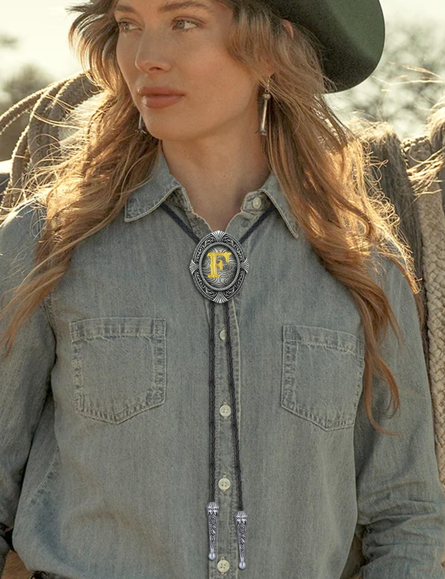 HUABOLA CALYN Vintage Bolo tie for Men Western Cowboy Native American Initial Letter ABCDJMR to Z Costume Bolo ties for Women (F)