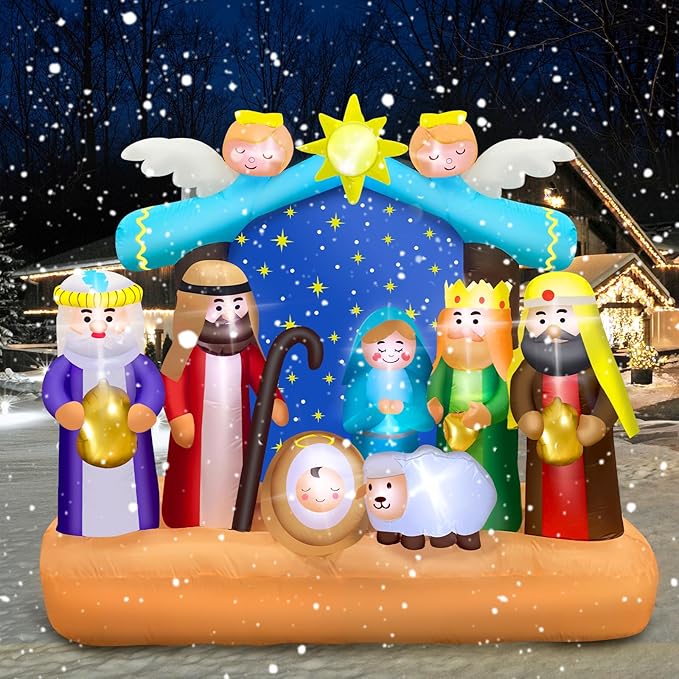6.8 FT Christmas Inflatable Nativity Scene Outdoor with Build-in LED Lights, Large Christian Inflatables Decor Nativity Blow Up with Star Decoration for Indoor, Outdoor Holiday Garden Lawn