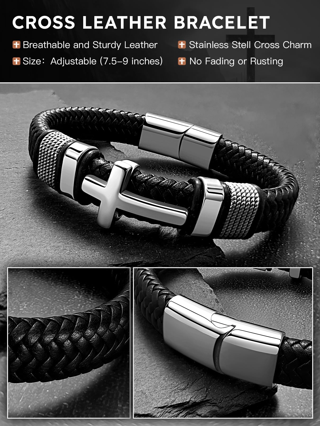Hoyazvet Cross Cuff Bracelet for Men,Stainless Steel Braided Leather Bible Verse Bracelet with Inspirational Faith Gift for Dad,Brother,Son,family,Religious Baptism and Confirmation Gifts 8.3 Inch