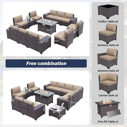 Kurapika 13 Pieces Patio Furniture Set, Rattan Wicker Outdoor Conversation Sets w/43in Propane Fire Pit Table(Sand)