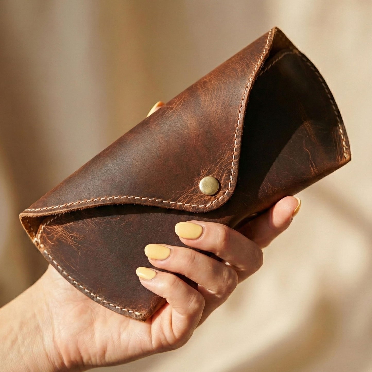 Genuine Leather Sunglass Cases, Portable - Slim Eyeglass, Glasses Holder for Men & Women with Button-Closure Sunglass Organizer for Travel & Outdoor (Brown)