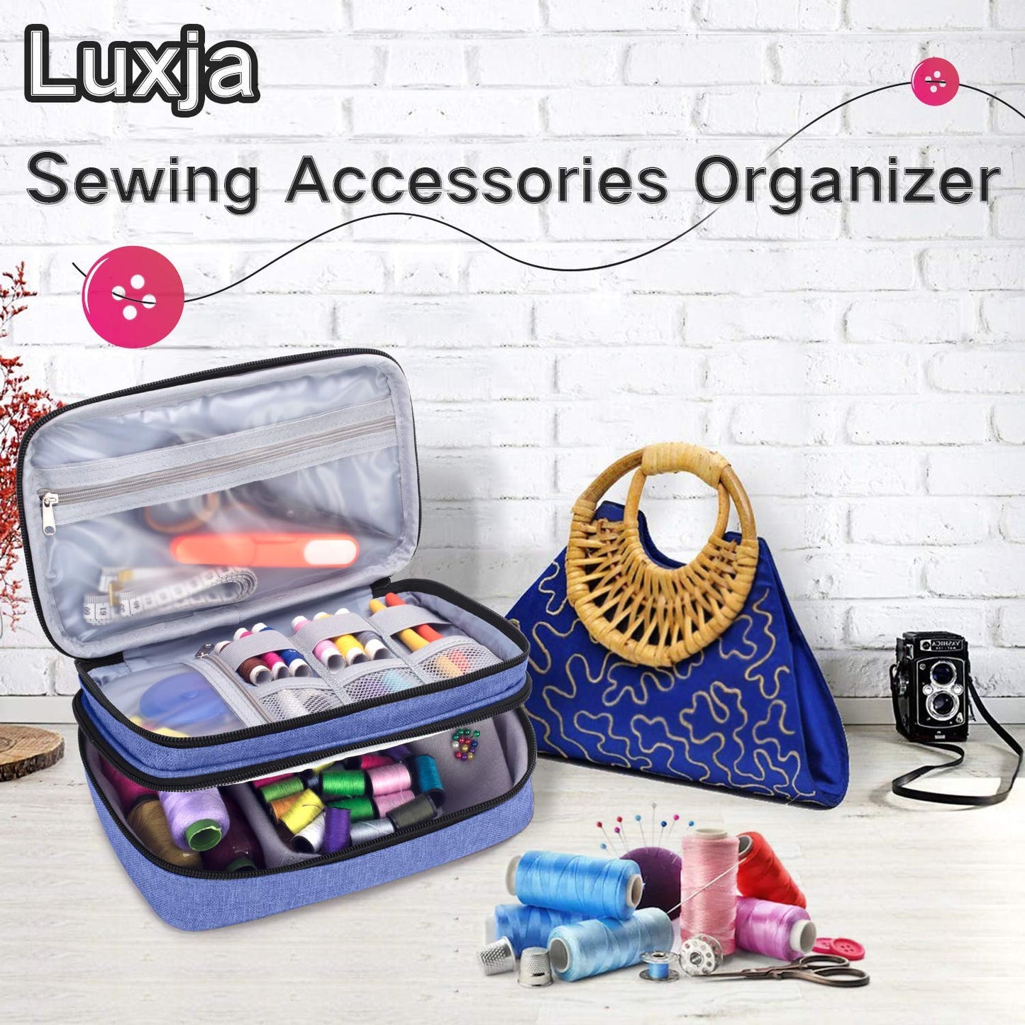 Luxja Sewing Accessories Organizer, Double-Layer Sewing Supplies Organizer for Needles, Scissors, Measuring Tape, Thread and Other Sewing Tools (NO Accessories Included), Dark Blue