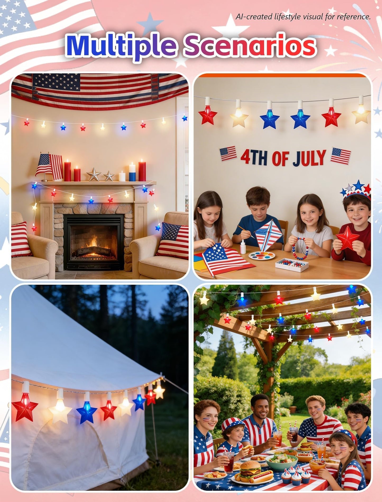 Adirxon 50FT 25-Light Patriotic Star String Lights, Red White and Blue LED Star Lights with White Wire, IP44 Water-Resistant 4th of July Decorations for Independence Day, Patio and Party Décor