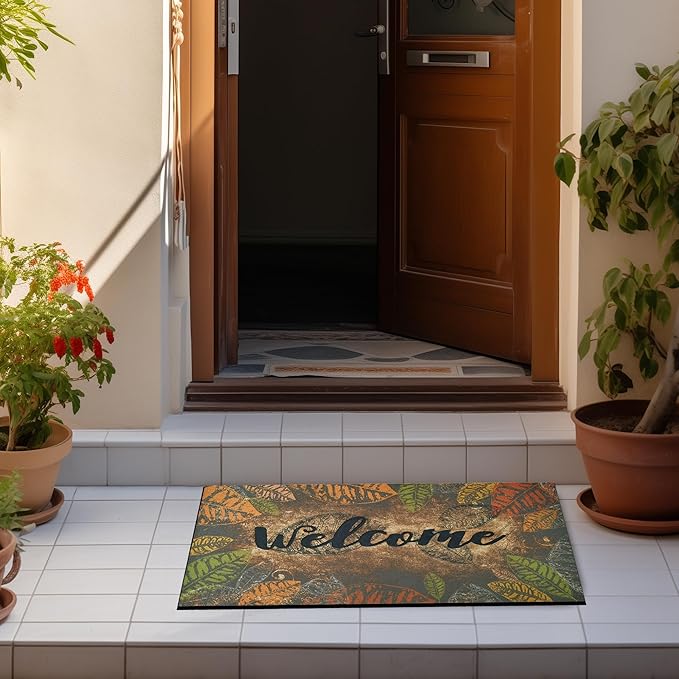 CHICHIC Door Mat Welcome Mat 17x 30 Inch Front Door Mat Outdoors for Home Entrance Outdoors Mat for Outside Entry Way Doormat Entry Rugs, Heavy Duty Non Slip Rubber Back Low Profile, Retro Leaves