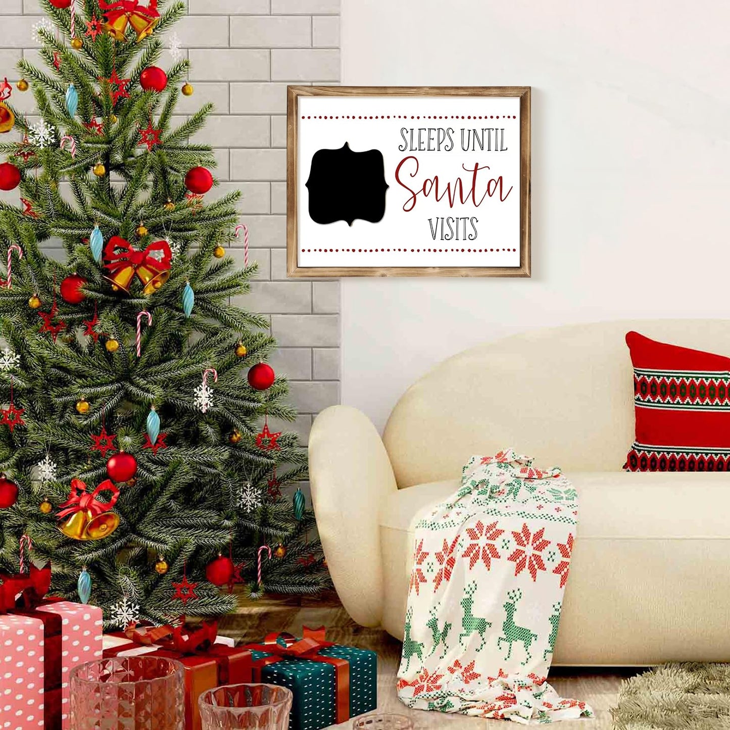 MACVAD Merry Christmas Sign with Countdown Chalkboard for Home Indoor Decorations, 14" Rustic Farmhouse Merry Christmas Block Wooden Sign with Erasable Chalkboard for Mantel, Wall & Tabletop