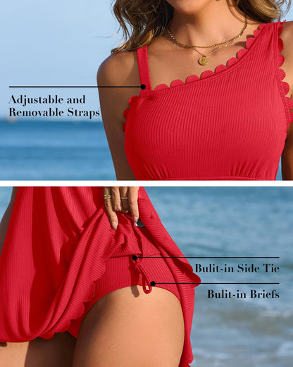 Charmo Red Swimsuit Women One Piece Bathing Suit Tummy Control Scalloped Modest Swimming Suits with Skirt Mother's Day Red L