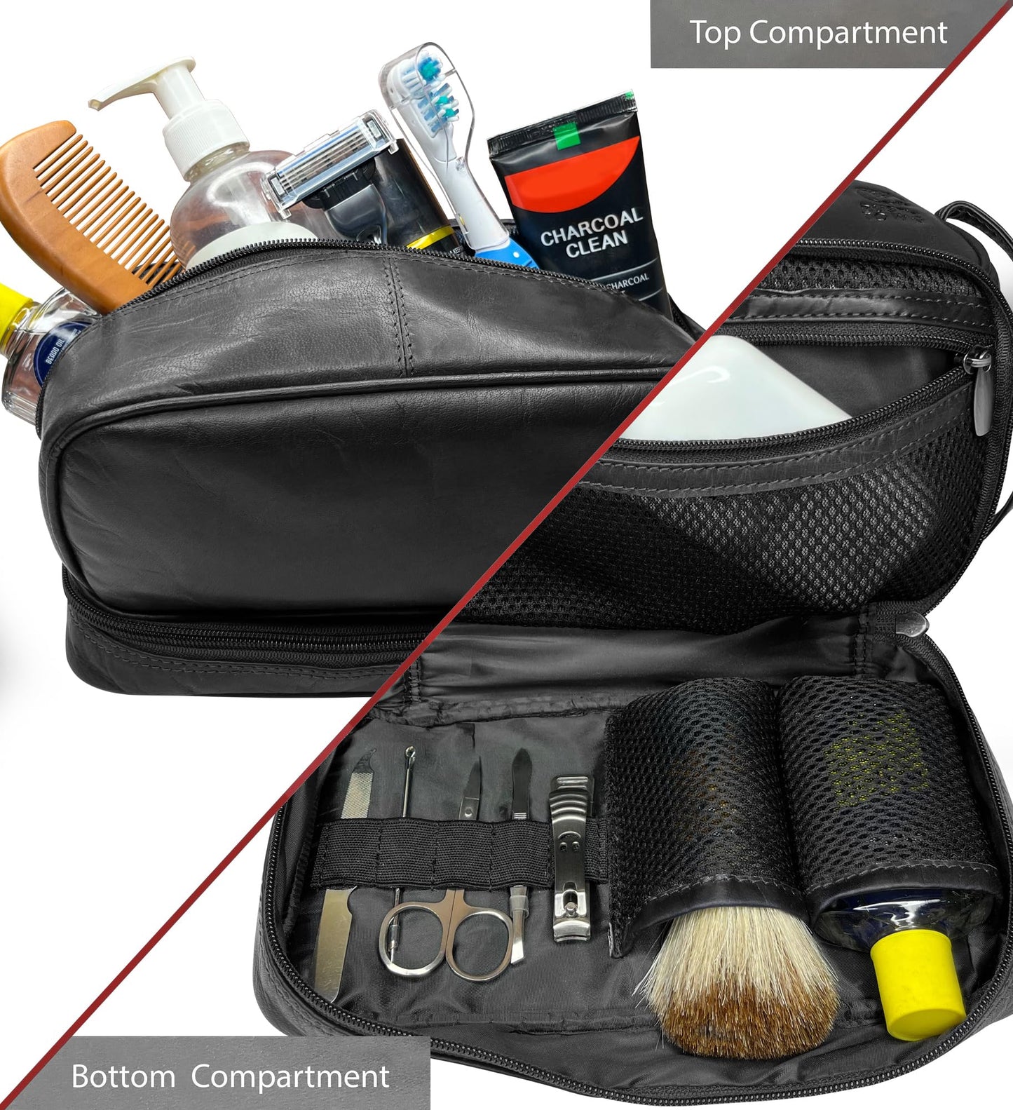 RUSTIC TOWN Leather Toiletry Bag for Men - Shaving Dopp Kit - Travel Gift Bathroom Shower Toiletries Organizer - Cosmetic Makeup Bag for Women (Black)