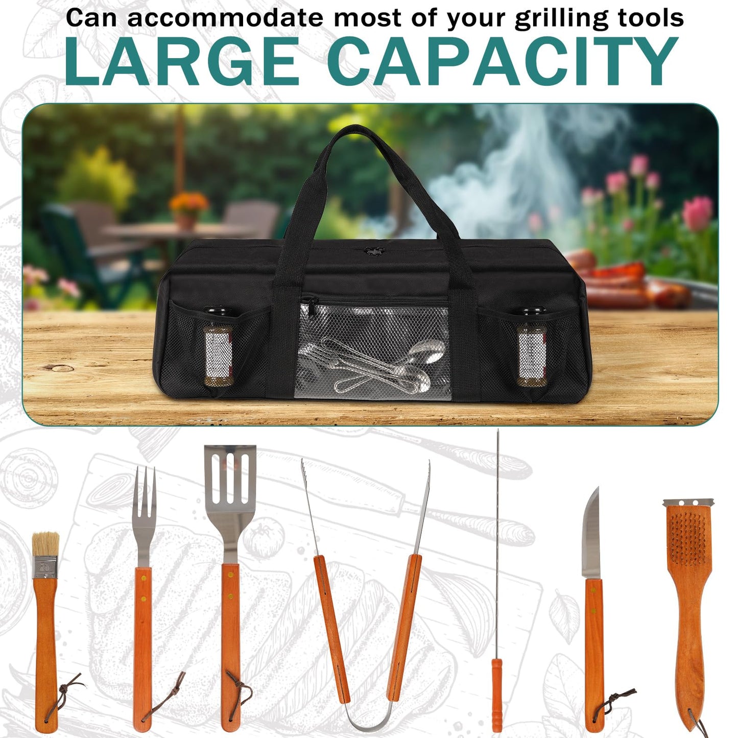 Frjjthchy Grill Tool Storage Bag, Large Grill Utensil Storage Caddy with Pockets, Portable Grill Accessory Storage Bag for Outdoor Camping & BBQ (Black)